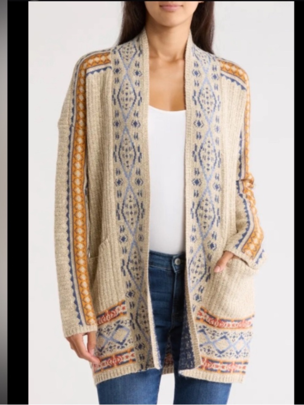 Lucky Brand Beige Cardigan with Navy and Mustard Fair Isle Detail